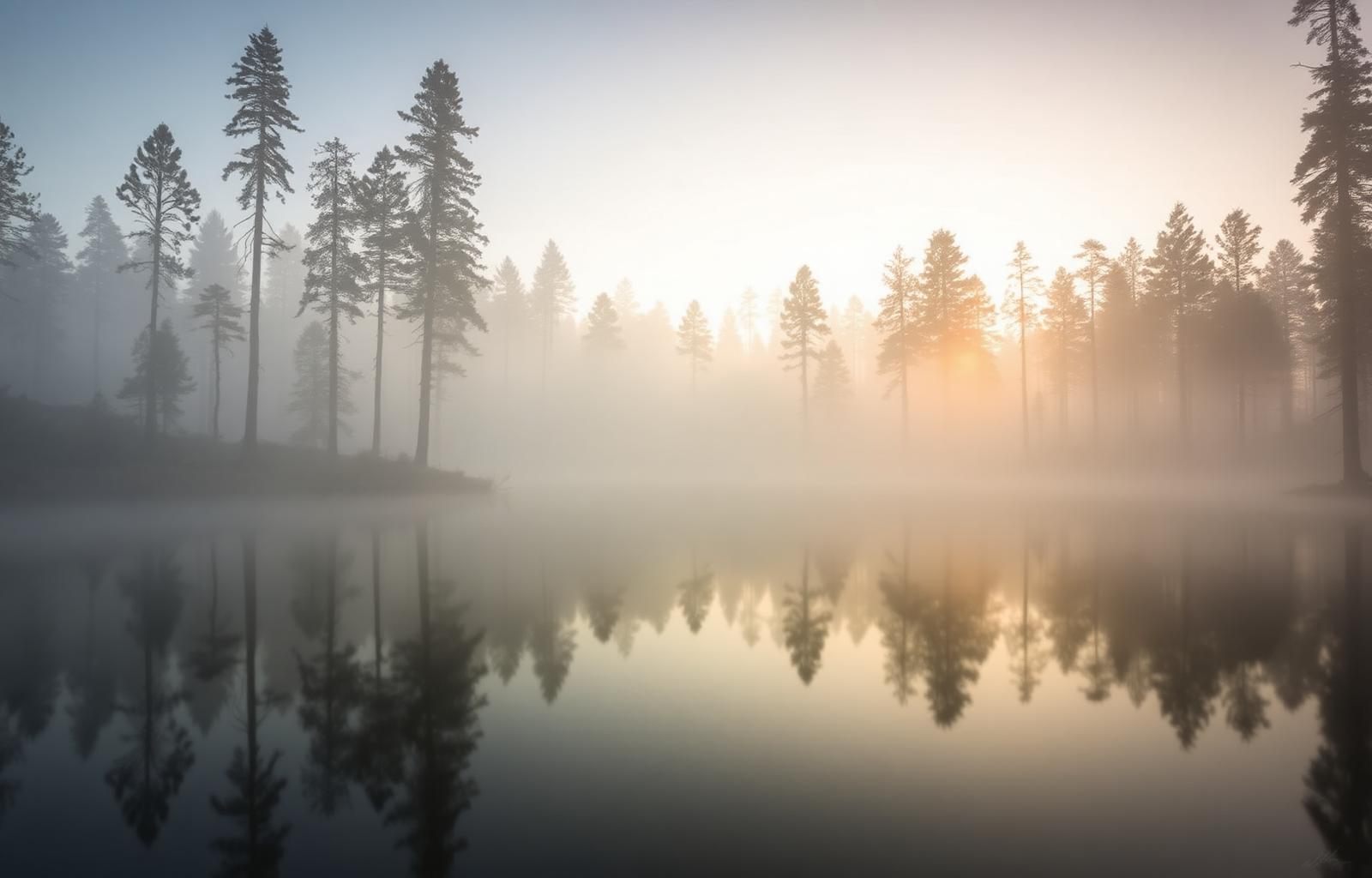 Soft morning mist rising over a still forest lake at dawn